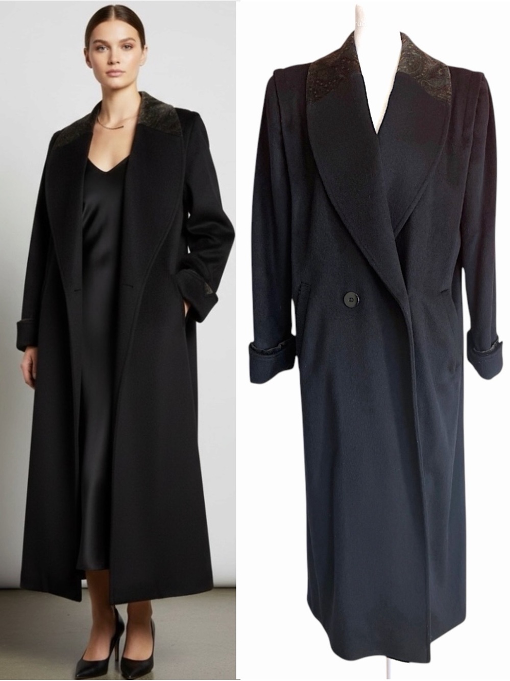 VTG Donnybrook Black Wool Maxi Coat Paisley Shawl Collar Double Breasted Large